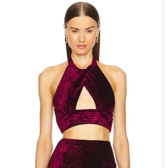 Michael Costello x REVOLVE Spencer Velvet Halter Top Red Burgundy NWT - Size XS - Picture 1 of 8